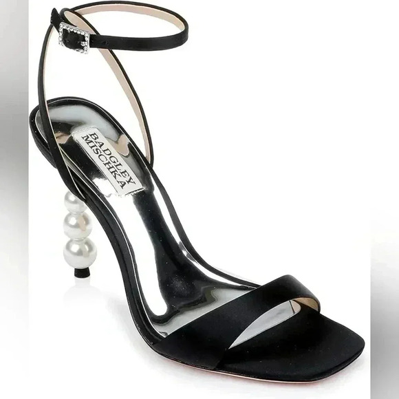 Badgley Mischka Women's Ivette Heeled Sandal Black Evening Pearl‎ Heel 9.5 NEW - Picture 1 of 10